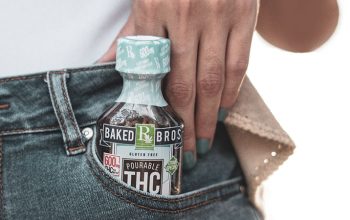 a small bottle of Baked Bros pourable THC syrup inserted in a person's denim jeans side pocket