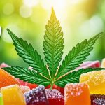 Conceptual image of a cannabis leaf transforming into fruit-flavored gummies, surrounded by icons depicting health benefits such as neuroprotection and anti-inflammatory effects.