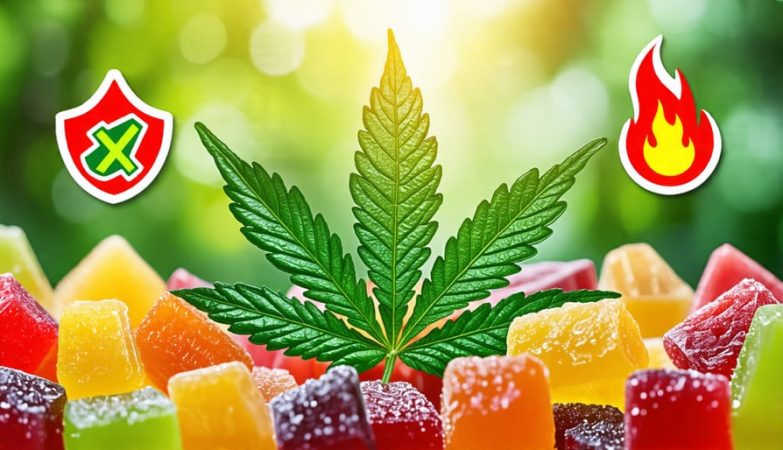 Conceptual image of a cannabis leaf transforming into fruit-flavored gummies, surrounded by icons depicting health benefits such as neuroprotection and anti-inflammatory effects.