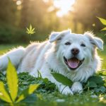 A tranquil dog lying peacefully in a green Canadian landscape, symbolizing the calming effects of CBD, with natural elements and subtle nods to Canadian culture.