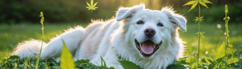 A tranquil dog lying peacefully in a green Canadian landscape, symbolizing the calming effects of CBD, with natural elements and subtle nods to Canadian culture.