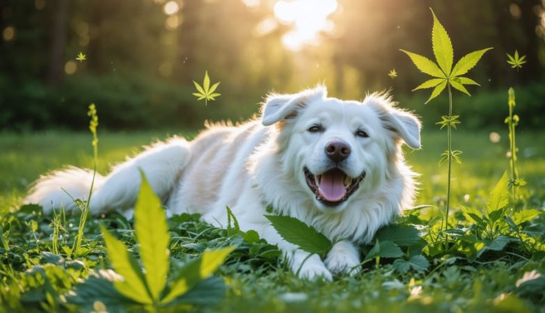 A tranquil dog lying peacefully in a green Canadian landscape, symbolizing the calming effects of CBD, with natural elements and subtle nods to Canadian culture.