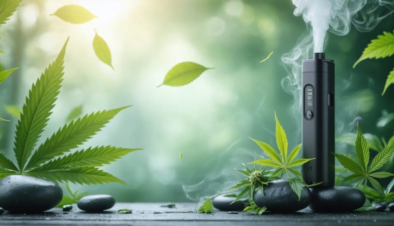 Illustration of a sleek cannabis vaporizer with natural elements symbolizing health benefits, highlighting the potential wellness advantages of vaping.