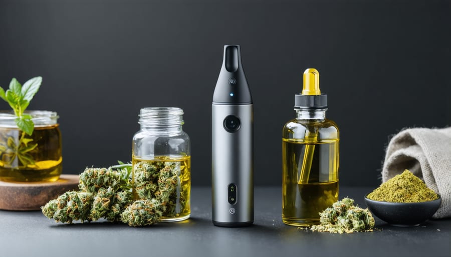 Cannabis vaporizer with variety of cannabis products including oils and dry herbs.