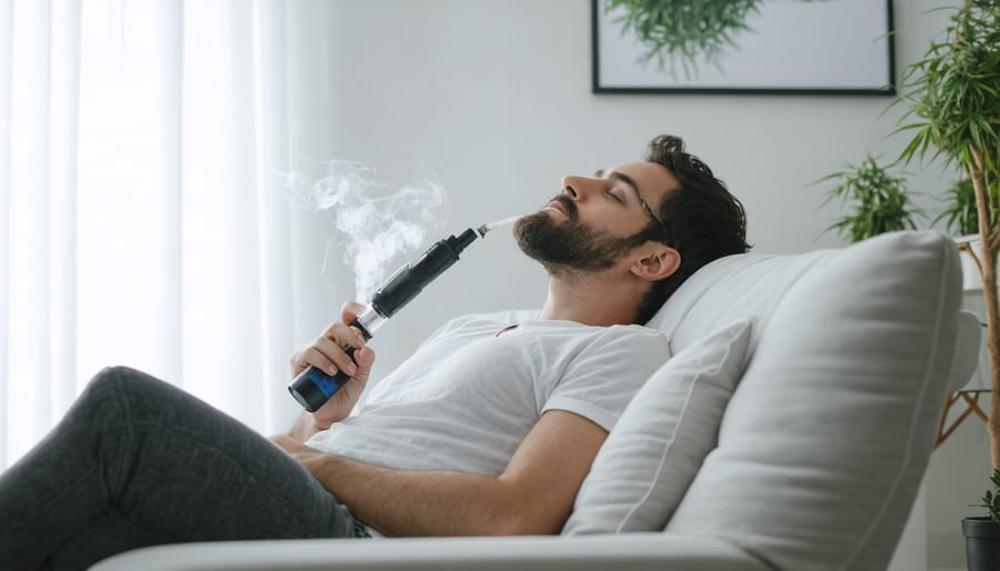 Person relaxing at home, suggesting mental well-being benefits from cannabis vaping.