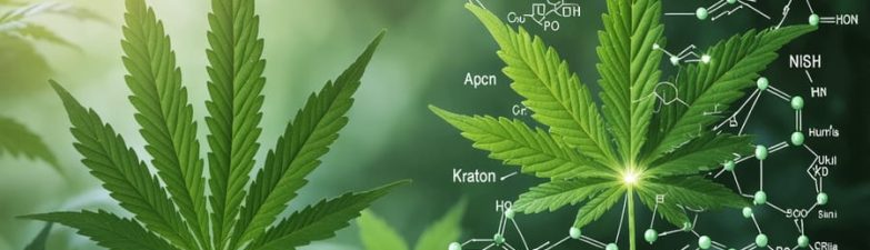 An artistic representation of cannabis and kratom leaves with superimposed molecular diagrams, symbolizing the scientific exploration of their active compounds.