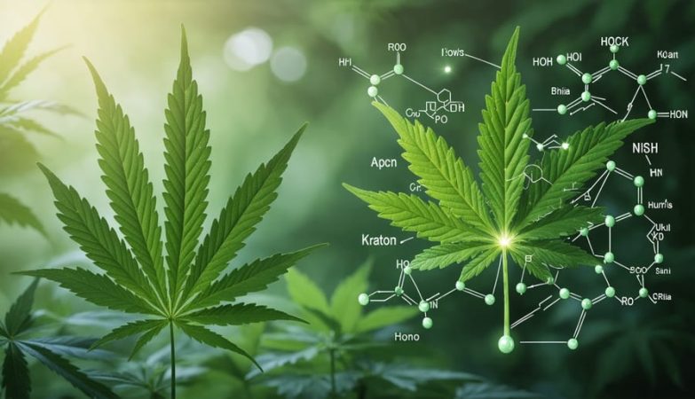 An artistic representation of cannabis and kratom leaves with superimposed molecular diagrams, symbolizing the scientific exploration of their active compounds.