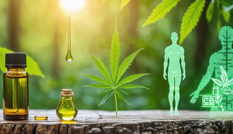 A conceptual collage depicting CBD oil's holistic benefits, highlighting natural origins, scientific research, and interaction with the body's endocannabinoid system.