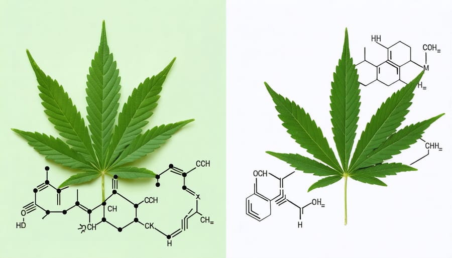 Side-by-side comparison of kratom and cannabis leaves with their key active compounds illustrated