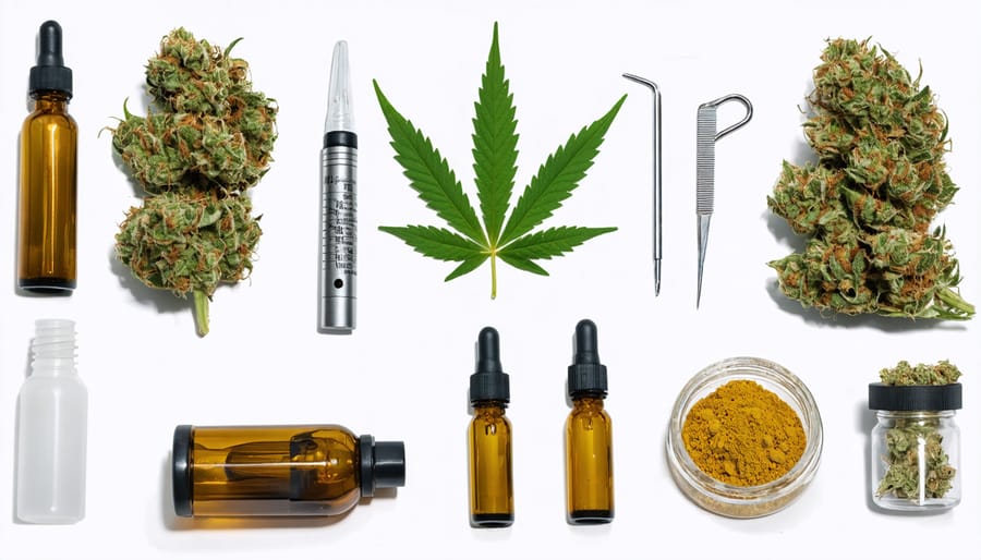 Different cannabis consumption methods including vaporizer, tincture dropper, and measured edibles