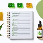 An assortment of cannabis products including CBD gummies, a notebook for tracking consumption, and child-resistant storage containers, highlighting responsible and informed usage in a balanced lifestyle.