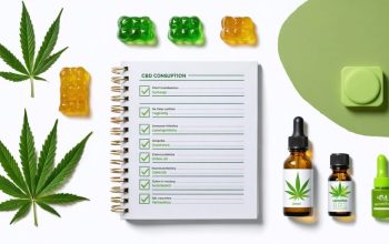 An assortment of cannabis products including CBD gummies, a notebook for tracking consumption, and child-resistant storage containers, highlighting responsible and informed usage in a balanced lifestyle.