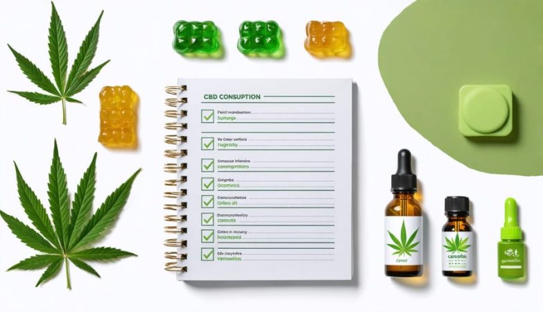 An assortment of cannabis products including CBD gummies, a notebook for tracking consumption, and child-resistant storage containers, highlighting responsible and informed usage in a balanced lifestyle.