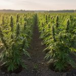 Close-to-ground view of industrial hemp plants with feathery leaves growing in a sunny Canadian field, with warm light and a softly blurred distant background.
