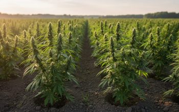 Close-to-ground view of industrial hemp plants with feathery leaves growing in a sunny Canadian field, with warm light and a softly blurred distant background.