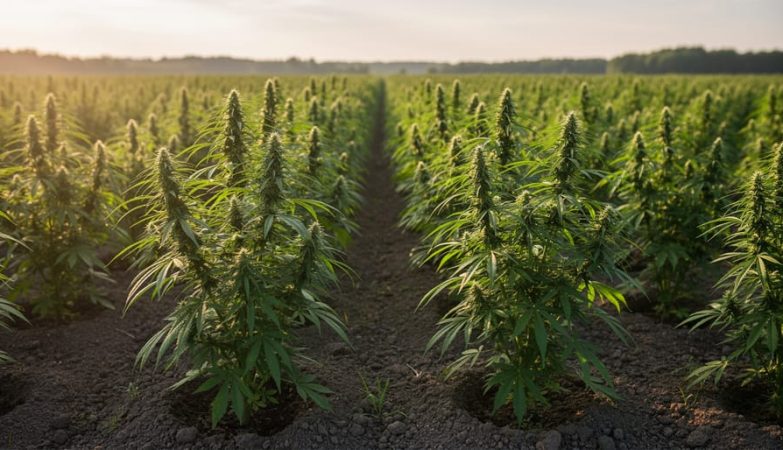 Close-to-ground view of industrial hemp plants with feathery leaves growing in a sunny Canadian field, with warm light and a softly blurred distant background.