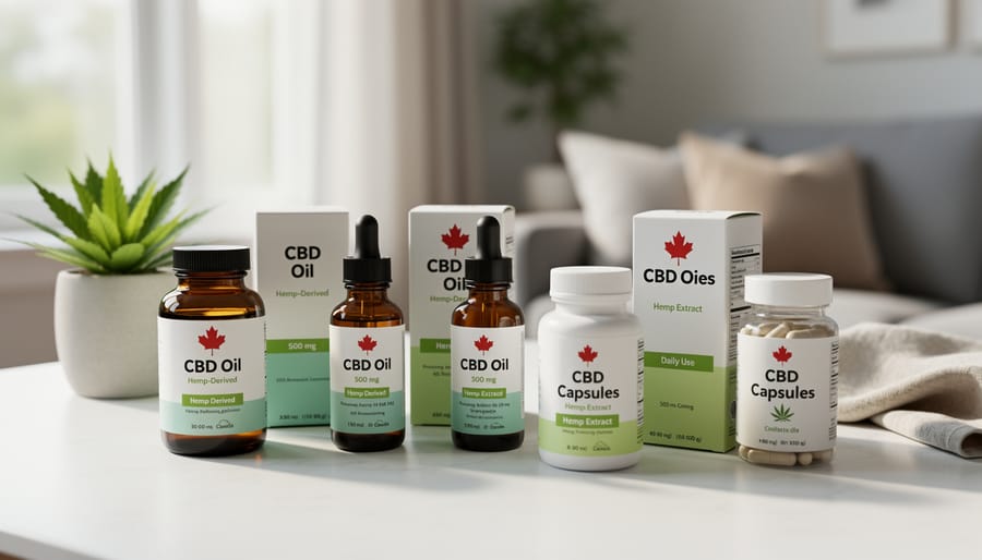 Hemp-derived CBD oil bottle with dropper and amber capsules on a table