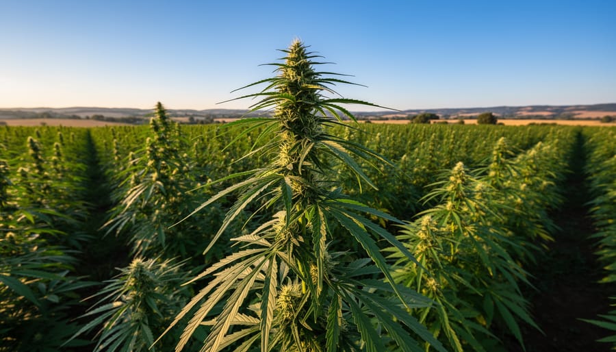 Hemp plants growing in a sunny field in Canada