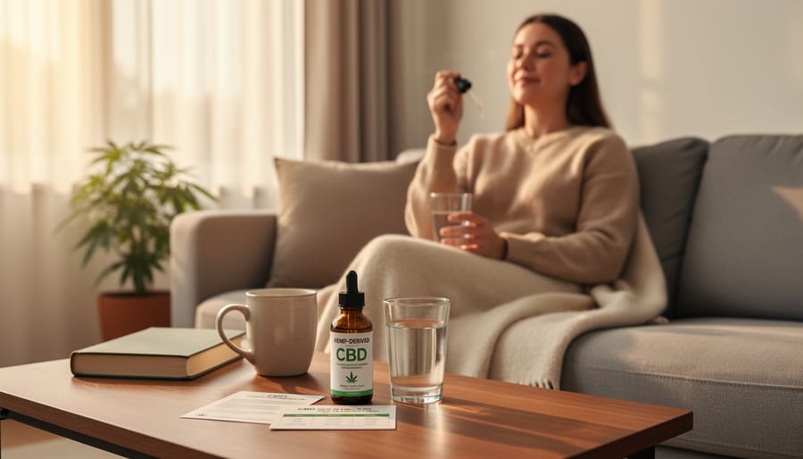Person holding a CBD oil dropper above a mug in a bright living room