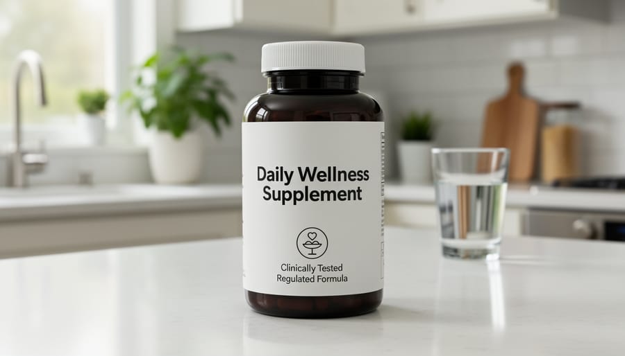 Person holding a clearly labeled supplement bottle beside a glass of water in a bright kitchen