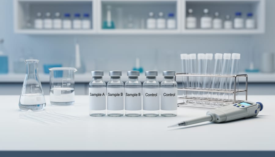 Laboratory bench with reagent vials and pipettes showing a research setting context