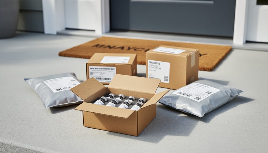 Shipped boxes and mailers on a table with a gloved hand about to open a sealed package