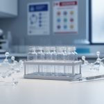 Unlabeled glass vials and a pipette on a sterile lab countertop with abstract amino-acid chain models, photographed in a cool clinical setting.
