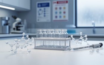 Unlabeled glass vials and a pipette on a sterile lab countertop with abstract amino-acid chain models, photographed in a cool clinical setting.