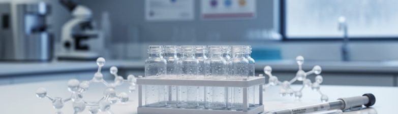Unlabeled glass vials and a pipette on a sterile lab countertop with abstract amino-acid chain models, photographed in a cool clinical setting.