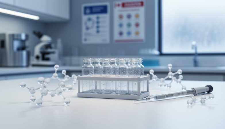 Unlabeled glass vials and a pipette on a sterile lab countertop with abstract amino-acid chain models, photographed in a cool clinical setting.