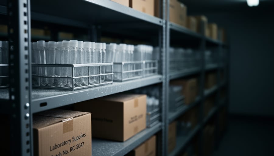 Unlabeled sample tubes stored in a dim cabinet, emphasizing uncertainty and lack of labeling